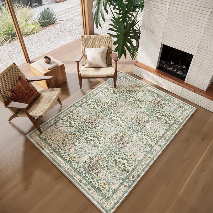 Beige Blue Area Rug 5x7 - Vintage Washable Floral Rug for Living Room, Bedroom, Nursery & Entryway - Low Pile, Non-Slip, Stain Resistant, Retro Indoor Carpet
