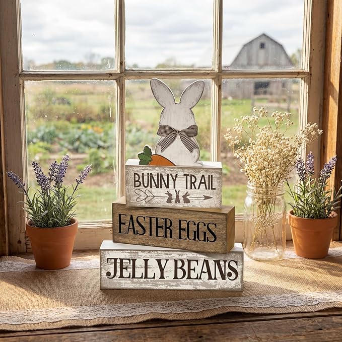 Lineshading 4 Pcs Easter Table Decoration Wooden Rabbit Easter Day Tiered Tray Decor Rustic Wooden Bunny Block Sign Gifts Cute Bunny Centerpiece Farmhouse Holy Week Party Decoration for Home Kitchen