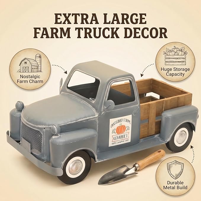 25x9.4x13in Vintage Antique Blue Farm Truck Decor, Rustic Metal Pickup Truck, Farmhouse Tabletop Decorative Planter & Storage for Home Indoor Outdoor