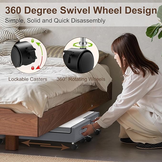 Under Bed Storage with Wheels - 2Pack 60L Underbed Storage Containers with Clear Lid & Label, Rolling Under Bed Storage Bins for Clothes, Shoes, Blankets (XL,Grey)