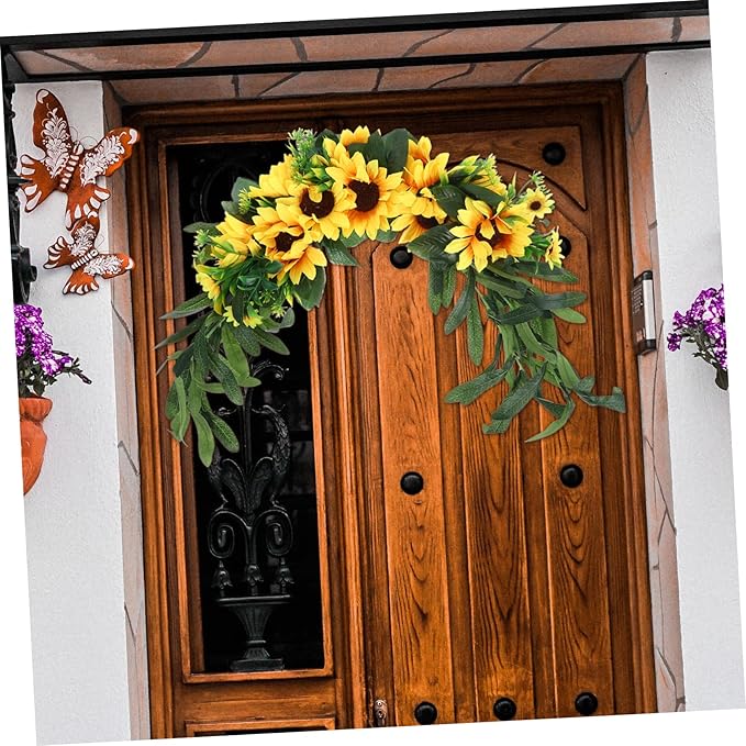 Artificial Sunflower Wreath Swag Decorative Fake Flower Garland for Front Door Wall Hanging Floral Decor for Home Wedding and Special Occasions