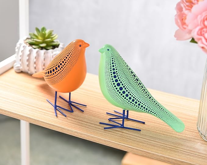 Quoowiit Bird Figurine, Modern Sculpture and Statues for Home Decor, Animal Statues for Bookshelf, Table, Entryway, Fireplace, Resin Decorative Sculpture with Chic Polka Dots Art Design (Green)