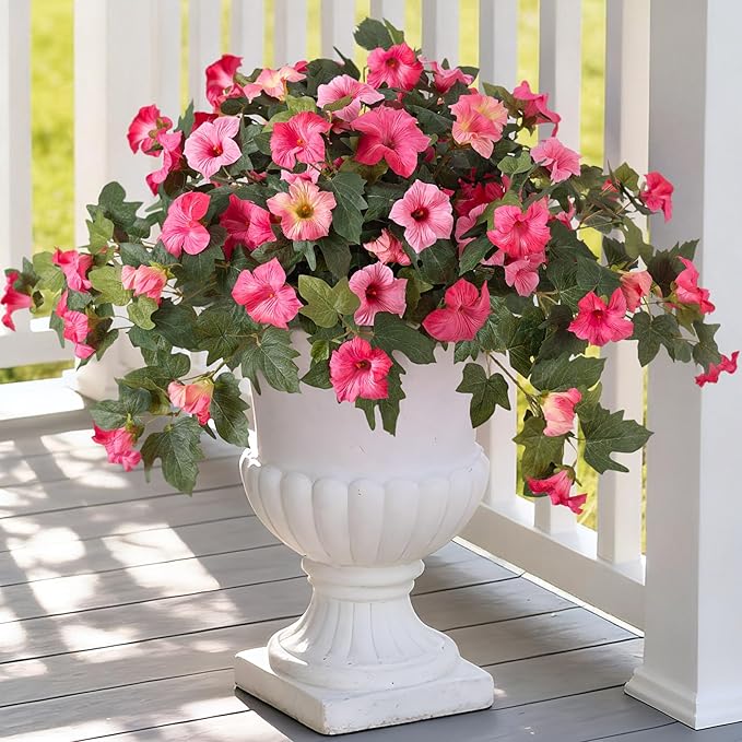 Artificial Fake Petunia Flowers for Outdoor Decoration, 2PCS Faux Silk Petunias Flower for Spring UV Resistant No Fade Realistic Plants for Garden Balcony Yard Porch Indoor Decor(Double Pink)