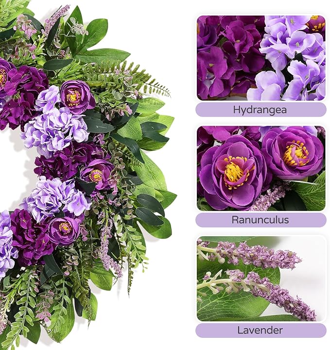 Summer Wreaths for Front Door, 24 Inch Summer Wreath Purple Floral with Hydrangea Ranunculus Flower Summer Door Wreaths for Porch Entryways Wall Window Farmhouse Party Home Seasonal Decor