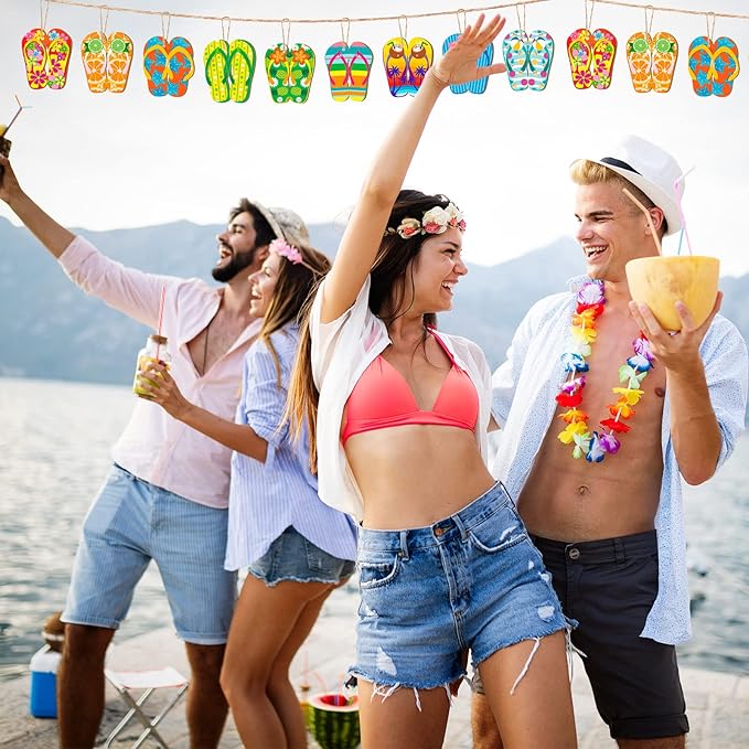 Geelin 36 Pcs Summer Wood Hanging Ornaments for Tree Mini Tree Decorations Hawaiian Beach Wooden Pendant Decorations with String for Luau Party Supplies(Slipper)