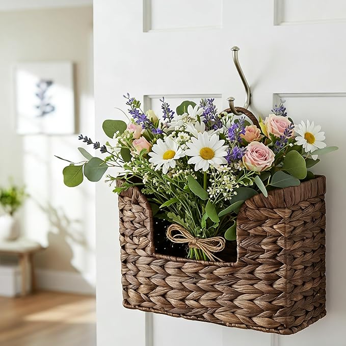 PINXIURY Magazine Holder Wall Basket Water Hyacinth Woven Mail Organizer, Wicker Wall Hanging Baskets for Magazines, Letters & Storage Decorative Mail Holder, Magazine Rack, Hanging Basket, Coffee