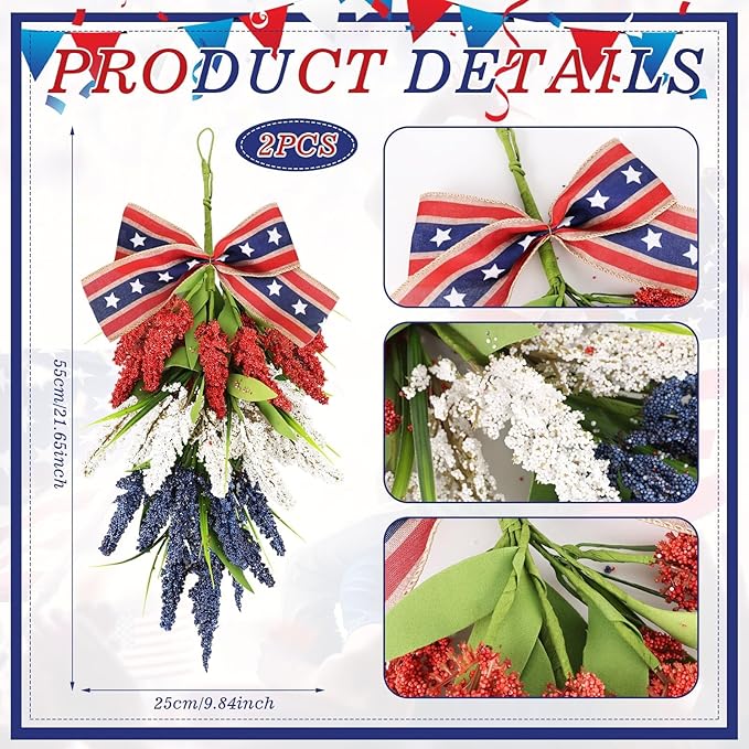 24inch Patriotic Red, White and Blue Floral Swag Wreath for Front Door Patriotic American Floral Teardrop Swags 4th of July Independence Day Rings Wreaths for Pillars Porch Wall Window Decor