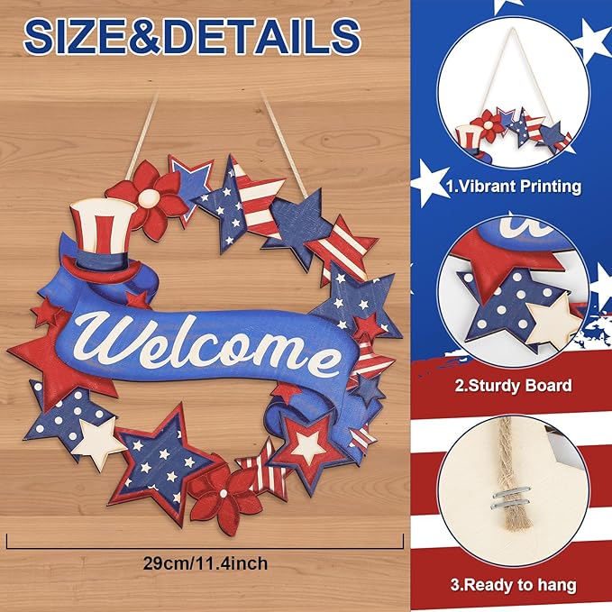 4th of July Decorations Wooden Welcome Sign, Wooden American Flag Star Wreath, Outdoor Wall Hanging for Front Porch, Veterans Day Home Decor (4th of July)