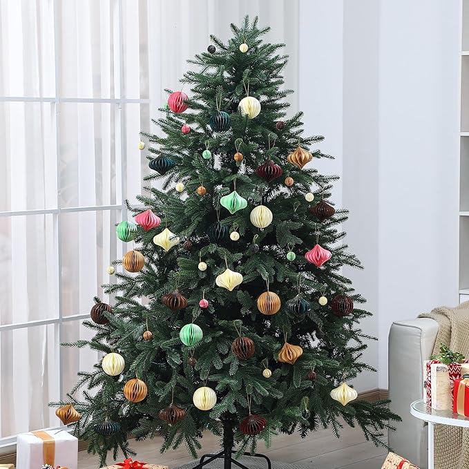 TecUnite 50 Pcs Christmas Paper Honeycomb Ornaments for Tree Vintage 3D Mini Glitter Edge Paper Christmas Ornament Honeycomb Tree Hanging Neutral Boho Holiday Xmas Party Decoration(White, Green)