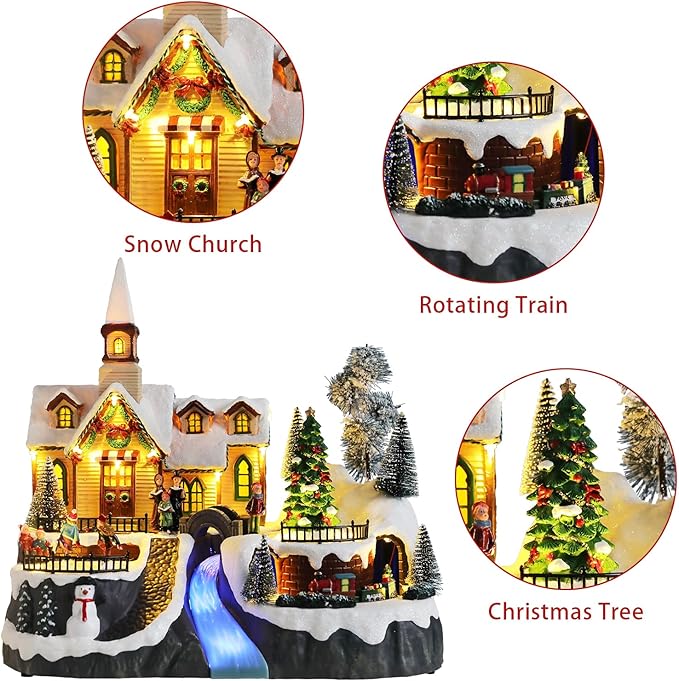 MUMTOP Christmas Village Snow Church with Rotating Train, Light Up Animated Moving Skaters and Christmas Tree with Music for Indoor Holiday Xmas Tabletop Decor