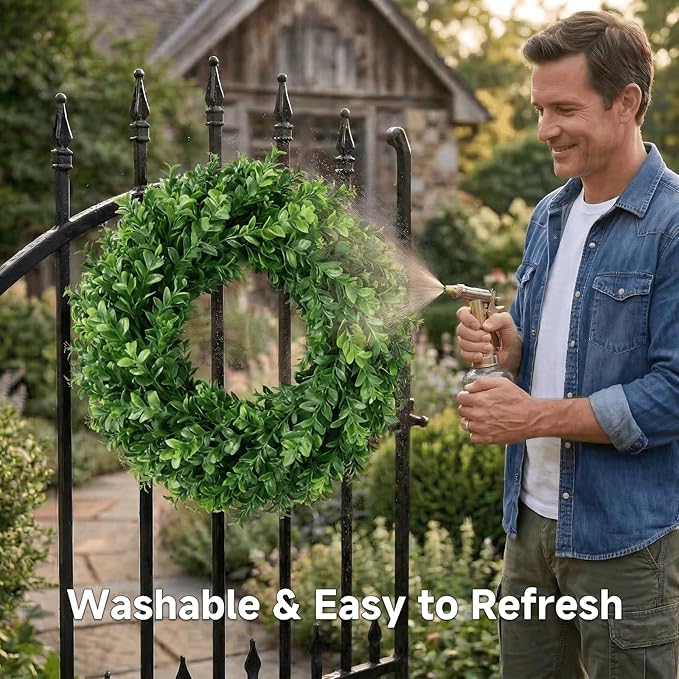 24" Faux Large Preserved Boxwood Wreath - Waterproof Spring & Summer Greenery Floral Wreath for Front Door, Porch, Farmhouse, Wall, Window - Indoor & Outdoor All Seasons Hanging Home Décor