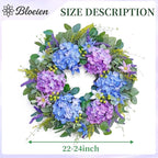 24 Inch Spring Summer Wreaths for Front Door - Blue & Purple Hydrangea Spring Door Wreath, Monet-Inspired Floral Decor with Hydrangea and Clematis for French Country, Spring and Summer, Indoor Outdoor