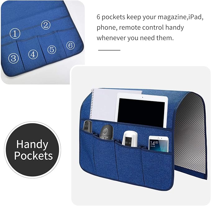 Sofa Armrest Organizer, Remote Control Holder for Recliner Couch, Arm Chair Caddy with 6 Pockets for Magazine, Tablet, Phone, iPad (Blue, W19'' x L33'')