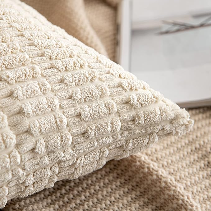 MIULEE Pack of 2 Corduroy Decorative Euro Sham Throw Pillow Covers 26x26 Inch Soft Boho Striped Pillow Covers Modern Farmhouse Home Decor for Sofa Living Room Couch Bed Cream White