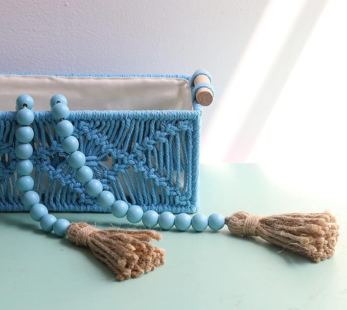 Meplait 39in Wood Bead Garland Farmhouse with Tassels,Versatile Prayer Beads Boho Chic Wall Hanging Home Decor (Blue)