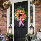 Spring Wreaths for Front Door 24 Inch Outdoor Spring Wreath with Pink Bow– Handmade Peach Dahlia & Garden Rose Summer Wreaths for Front Door,Farmhouse Home,Porch,Wall,Window Decor