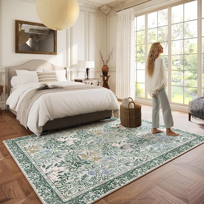 Botanical Floral Area Rug 6x9 Light Green Cream Vintage Garden Design, Perfect for Living Room, Bedroom, Kids Room, Nursery - Stain & Water Resistant Non-Slip, Pet & Child Friendly Area Rugs