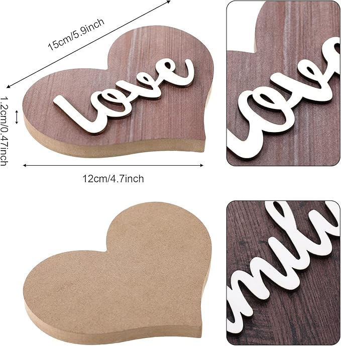 Jetec 2 Pieces Heart Shaped Wooden Decor - Rustic Family Love Table Centerpiece for Home, Living Room, Bedroom, Kitchen, Office - Ideal Housewarming and Wedding Decoration