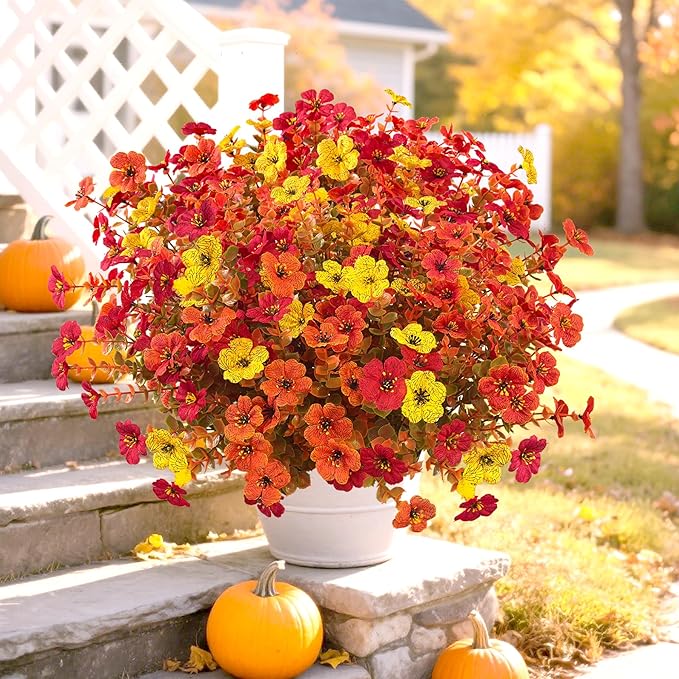 Artificial Mums Fall Flowers for Outdoors, 12 Bundles Artificial Plants Outdoor Fake Flowers UV Resistant, Outdoor Fake Plants Faux Silk Flowers for Porch Outside Planter Window Box Garden