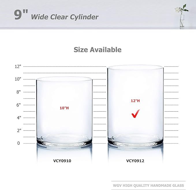 WGV Cylinder Vase, Width 9", Height 12", Clear Wide Large Diameter Flower Glassware, Floral Container, Planter Terrarium for Wedding Party Event, Home Accent Decor, 1 Piece