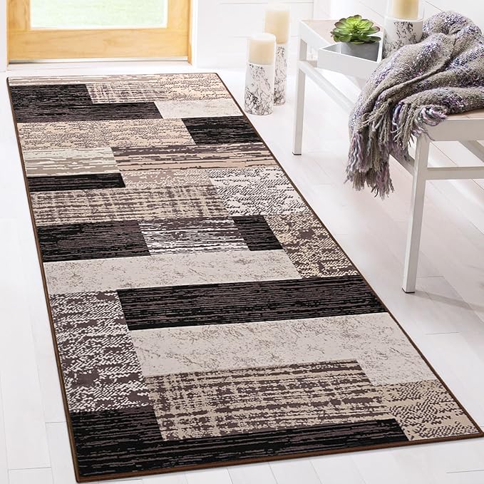 FlyDOIT Modern Geometric Patchwork Area Rug, 2x6 Chocolate Runner Rugs for Living Room, Rockwood Collection Indoor Rugs for Bedroom, Throw Carpet Floor Decor for Entryway Dining Room Office Nursery