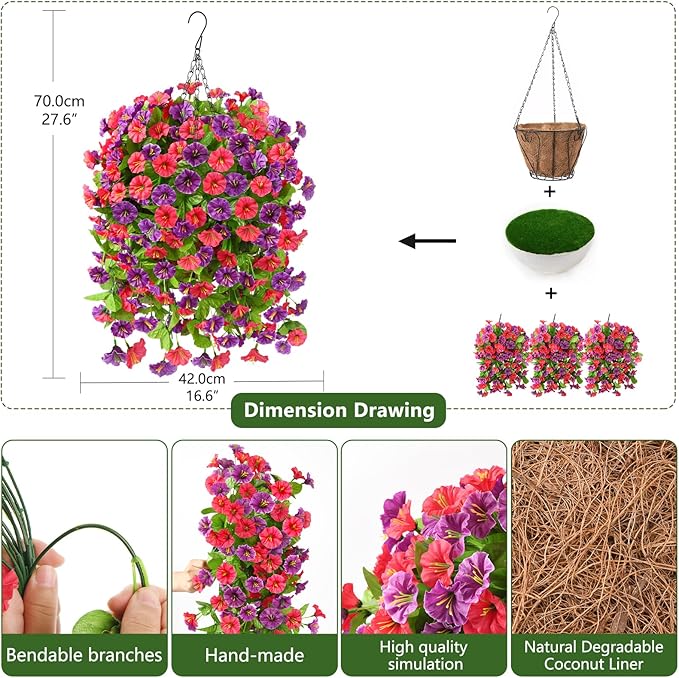 Homsunny Artificial Faux Hanging Flowers Plants Baskets for Outdoor Spring Summer Decorations,Resistant Fake Morning Glory Silk Plants for Outside UV Resistant Patio Yard Home Porch Decor(Red Purple)