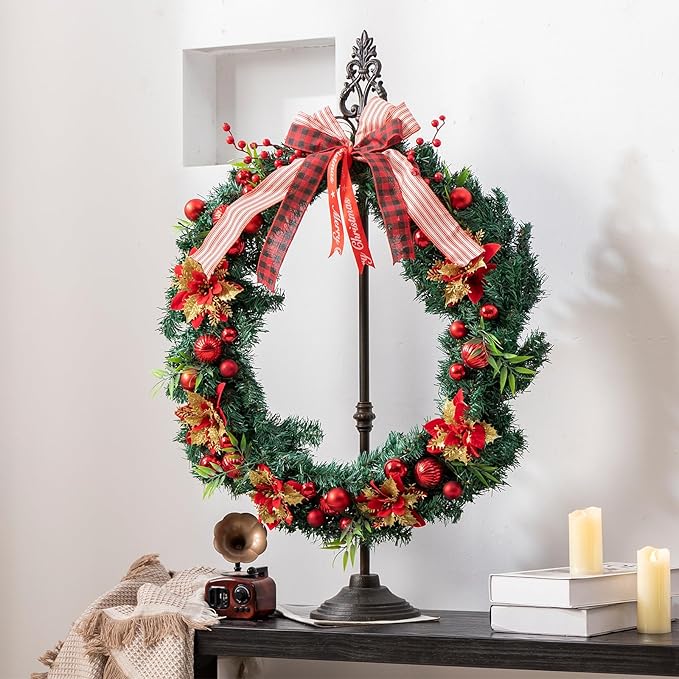 Wreath Stands for Display, Retro Black Standing Wreath Holder, Wrought Iron Wreath Hanger Stand, Wreath Holder Stand with Fleur-De-Lis Top, Floor and Tabletop Christmas Wreath Stands for Porch, New Year Wreath, Party Decor