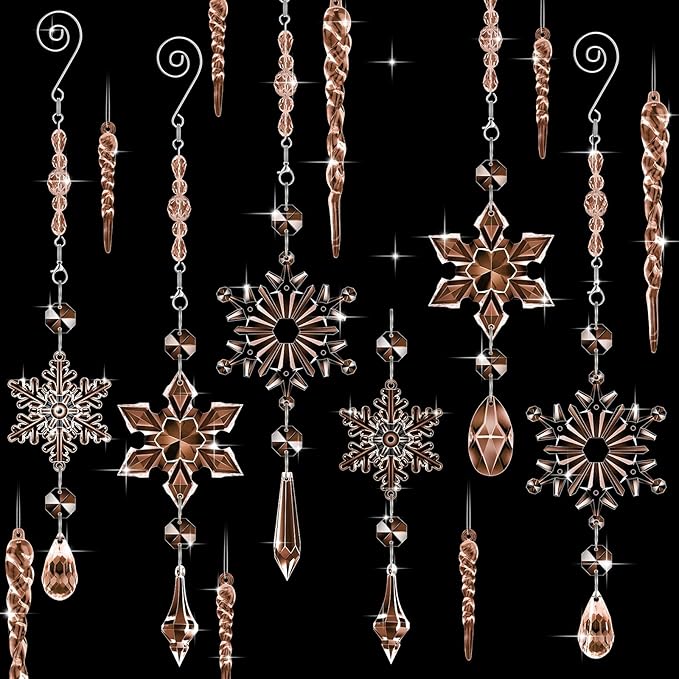 Giegxin 32 Pcs Crystal Christmas Ornaments Crystal Hanging Snowflakes Acrylic Xmas Tree Icicle Drop Decorations with Hooks for Christmas Snow Party Winter(Champagne)