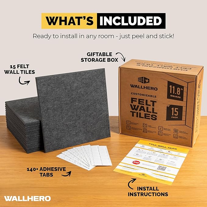 WALLHERO Cork Boards for Office, Dart Board Wall Protector, 59"x36" | 15 Pack | Black Bulletin Board, Cork Board, Cork Board Squares, Homasote Board, Bulletin Board Tiles (Gray Black)