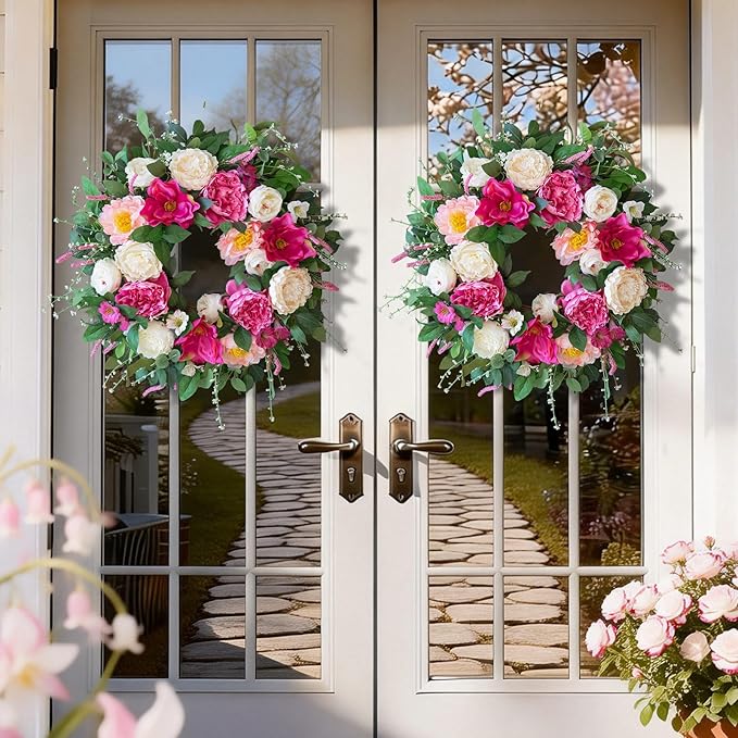 24 Inch Spring Wreaths for Front Door Outside,Artificial Silk Peony Rose Magnolia Spring Summer Wreath with Lavender Greenery | Luxury Summer Wreaths for Front Door-Indoor Outdoor Wreath Decor