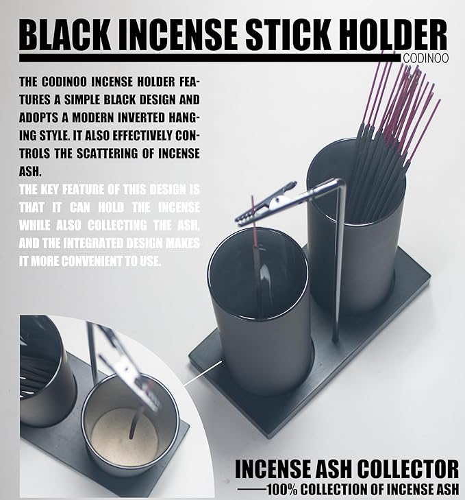 2 in 1 Incense Holder for Sticks,Glass Incense Burner Holder with Storage,Upside Down Incense Holder for Sticks with Glass Ash Catcher for Meditation Yoga Spa Room Home Decor[2 Long Full Black]