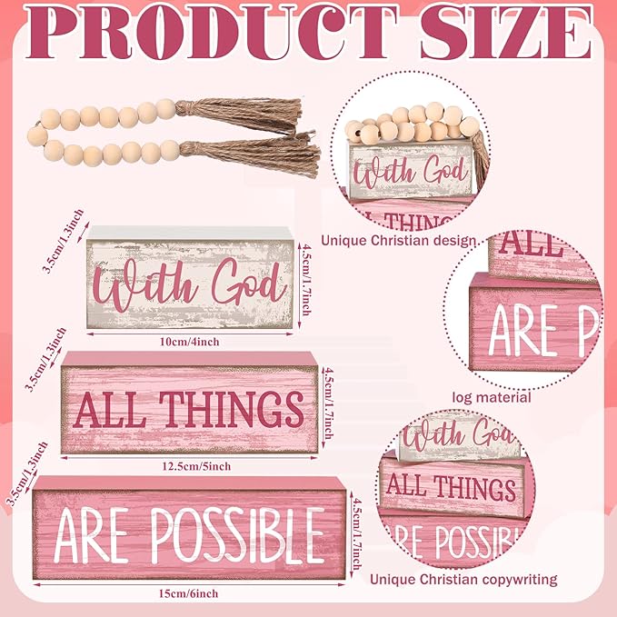 Lineshading 4 Pcs Christian Table Decor Pink Rustic Wooden Block Sign Set with God All Things are Possible Farmhouse Stacked Decor with Beaded Garland Tassel Christian Home Decors for Office, Shelf