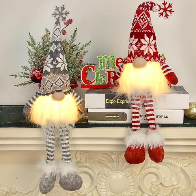 Juegoal 2 Pack Lighted Christmas Gnomes with Dangling Legs, 19.5Inch Handmade Scandinavian Swedish Tomte, Battery Operated Winter Tabletop Christmas Decorations Collectible Figurines