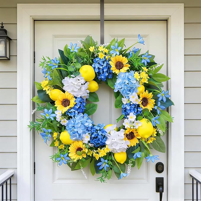24in Spring Summer Wreaths for Front Door, Artificial Sunflower Lemon Wreath with Blue Hydrangeas, Luxury Colorful Floral Wreath for Indoor Outdoor Farmhouse Home Wall Porch Window Summer Wreath