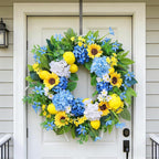 24in Spring Summer Wreaths for Front Door, Artificial Sunflower Lemon Wreath with Blue Hydrangeas, Luxury Colorful Floral Wreath for Indoor Outdoor Farmhouse Home Wall Porch Window Summer Wreath
