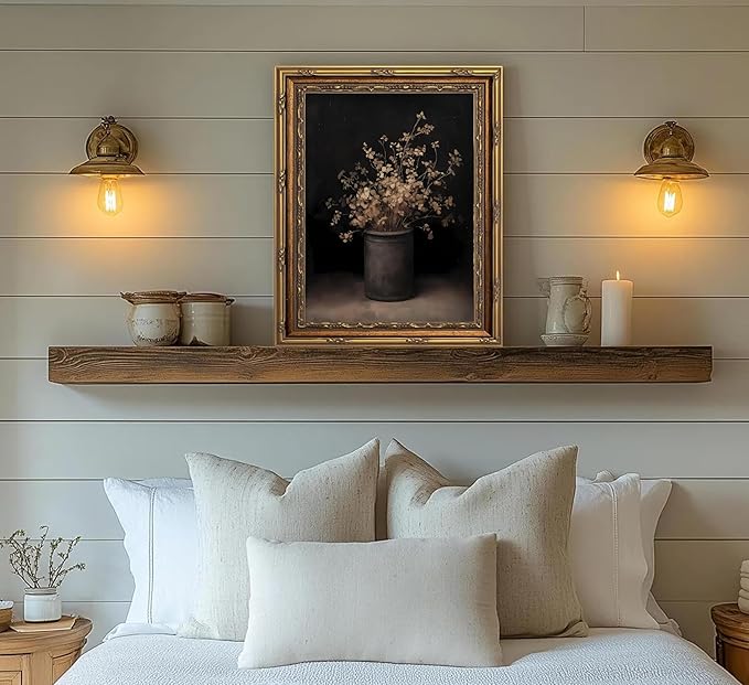 Vintage Gold Framed Wall Art Fall Dried Flowers Antique Vase Country Oil Painting Canvas Prints Dark Moody Rustic Still Life Picture Gothic Victorian Botanical Poster Artwork for Bedroom, 9x11in