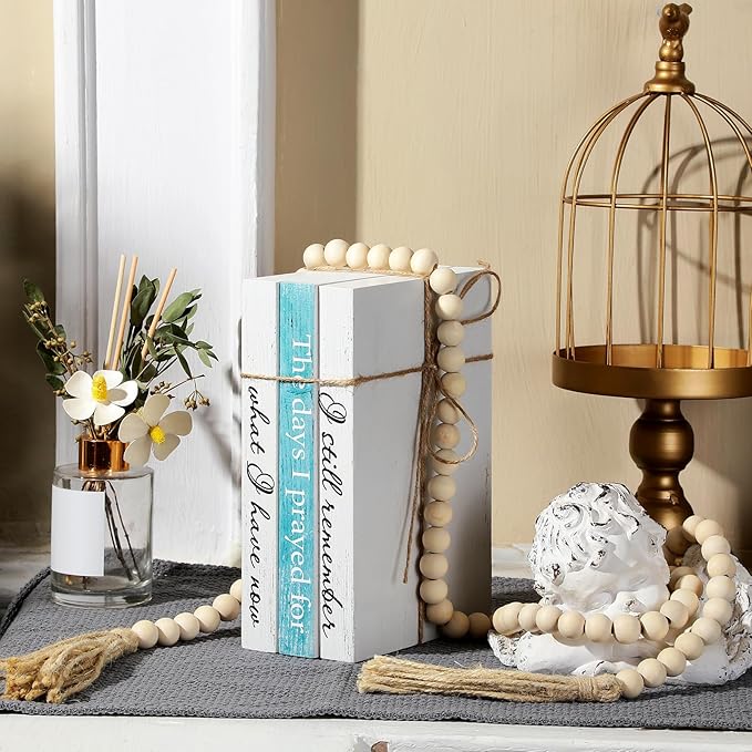 Jetec 3 Pcs Decorative Display Books Hardcover White Home Decor Coffee Table Faux Farmhouse Stacked Fake Decorative Books with Wood Bead Tassels for Shelves Kitchen, 58 Inch, I Still Remember