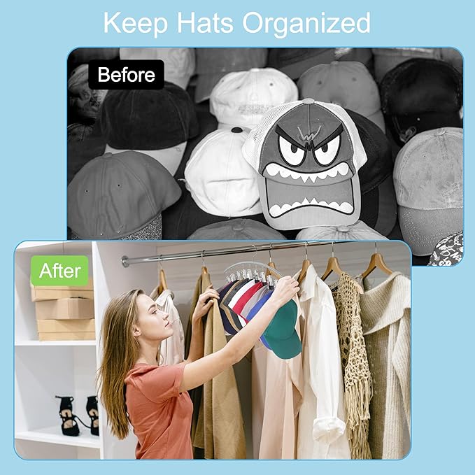 Hat Hangers for Closet, Metal 2 Pack Hat Organizer Holder for Hanger Closet Display, Hat Racks for Baseball Caps w/10 Clips, Hat Holder for Ball Caps & Accessories, for Men Women, Grey