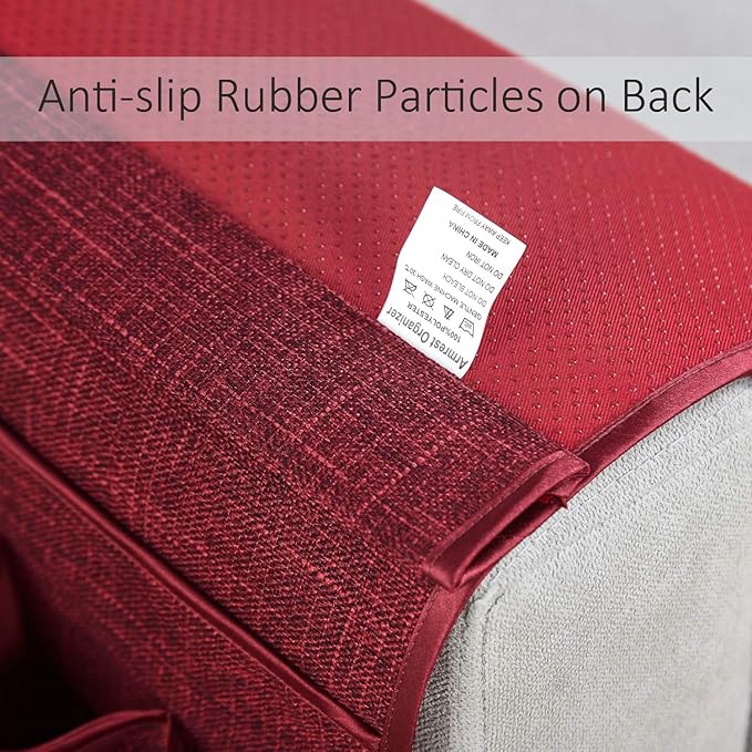 Sofa Armrest Organizer Non-Slip Arm Chair Hanging Caddy Remote Control Holder for Magazine, Phone, Books, Glasses(WineRed,13in)