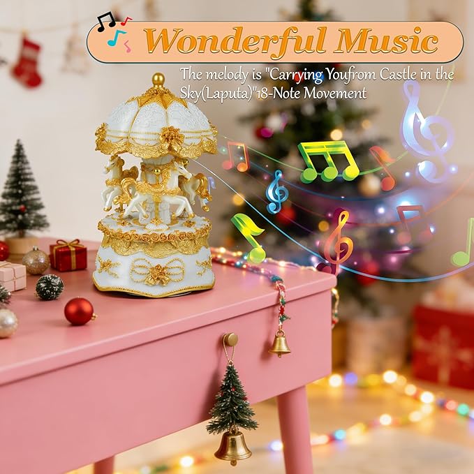 Carousel Music Box，Luxury Color Change LED Light Music Box,Luminous Rotating 3-Horse Musical Box with Gift Box for Girls Birthday Valentine Gift (You are My Sunshine, Gold)
