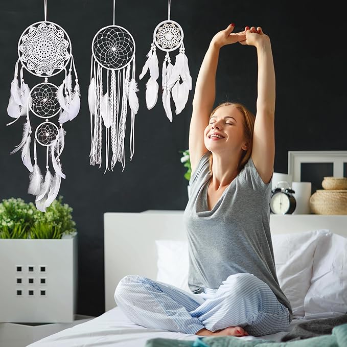 5 Pcs White Jute Crochet Dream Catchers Set, Handmade Bohemian Wall Decor with Feather Tassels – for Bedroom, Living Room, Nursery, Wedding & Boho Home Decoration(White)