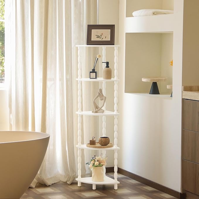 MaxSmeo Corner Bookshelf, 5-Tier Corner Shelf Stand, Modern Corner Plant Shelves with Storage, for Bedroom, Bathroom, Kitchen, Living Room (White)