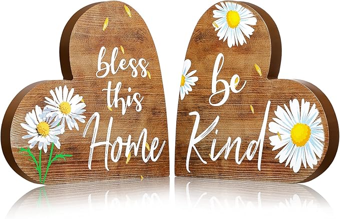 Jetec 2 Pcs Rustic Decorations for Living Room Home Shelf Mantel Entryway Table, Farmhouse Knick Knacks Christian Table Centerpiece Wooden Heart Decor for Dining Room Housewarming Gift(Daisy Style)