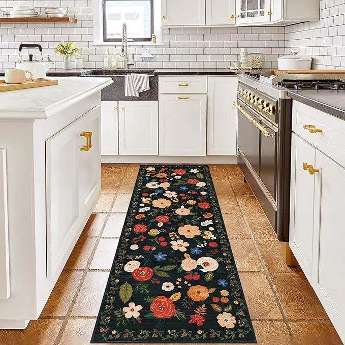 U'Artlines 2'x6' Boho Runner Rug for Hallways Kitchen Colorful Floral Soft Non Slip Washable Floor Carpet Runners for Entryway Laundry Room Bathroom Black Green