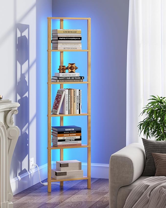 TUTOTAK Corner Shelf with LED Light, 6-Tier Corner Bookshelf for Small Space, Narrow Display Corner Shelf Stand with Storage Rack, for Living Room, Bedroom, Natural BS05BN006L