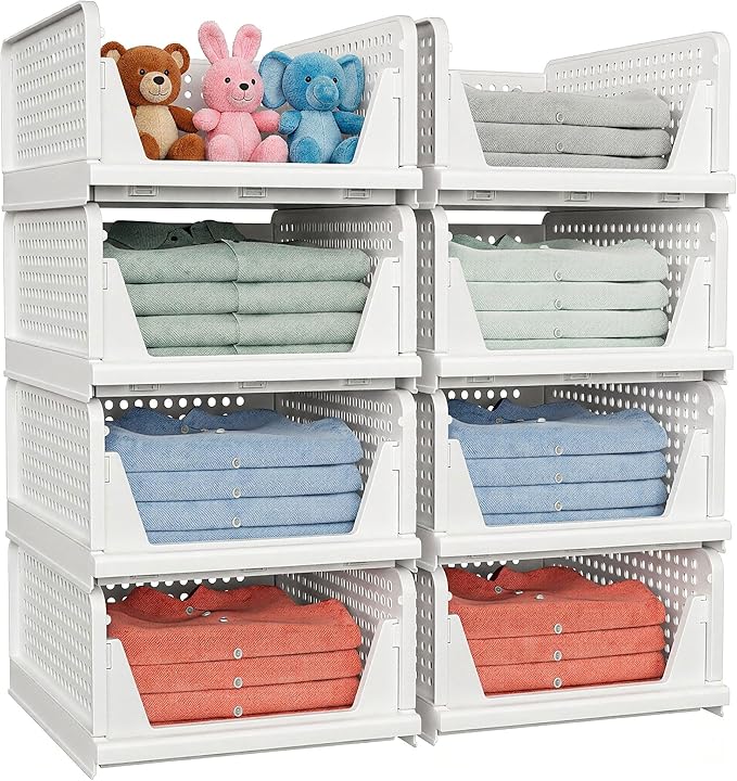 4 Pack Stackable Closet Storage Basket - Stackable Storage Bins, Multifunctional & Foldable Closet Organizer Divided, Wardrobe Cupboard Space-Saving Clothes Storage Hat Organizer, White