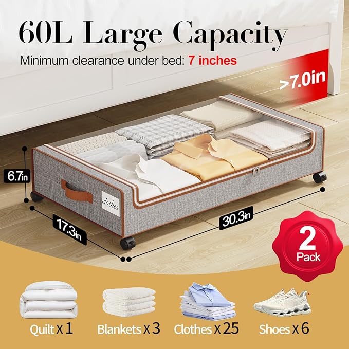 Yecaye Under Bed Storage with Wheels, 2 Pack Under the Bed Storage Containers with Lids & Label, XXL 60L Rolling Underbed Storage Drawers for Clothes, Blankets, Shoes