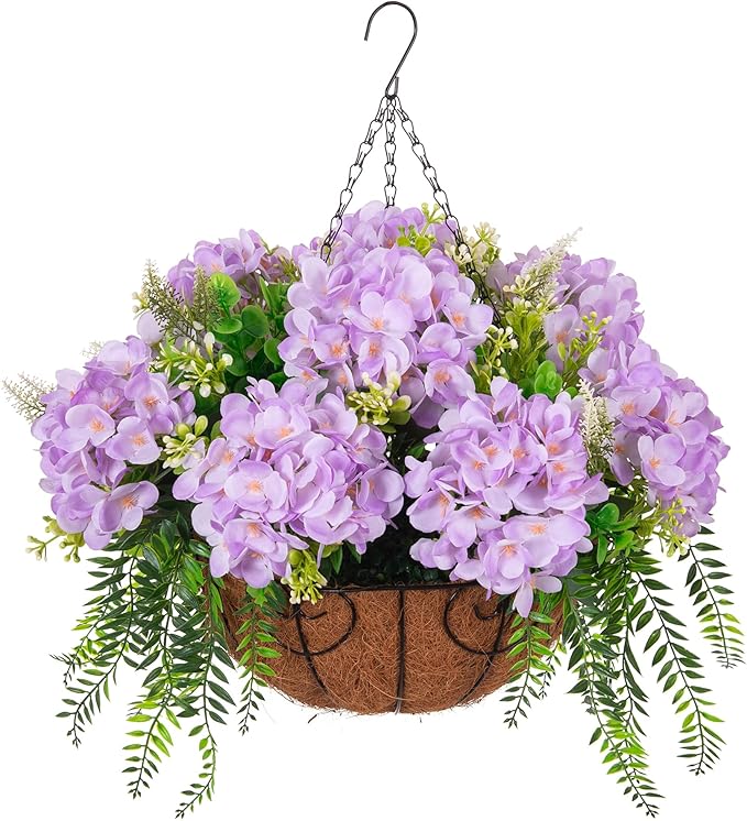 Artificial Flowers in Hanging Basket Planter for Home Spring Summer Decoration, Silk Hydrangea Outdoor Indoor Arrangements, 12" Metal Coconut Lining Basket with Faux Plant(Light Purple)
