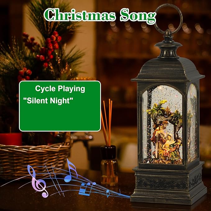 Wondise Lighted Musical Snow Globe Lantern with 6 Hour Timer, USB Powered and Battery Operated Spinning Water and Swirling Glitter Christmas Snow Globe Lantern Gifts(Nativity)