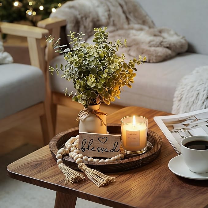 Rustic Modern Farmhouse Decor Set of 6 for Your Living Room, Kitchen Counter, Home or Table Centerpieces Room Decor, Wood Round Decorative Tray Gifts for Women Men